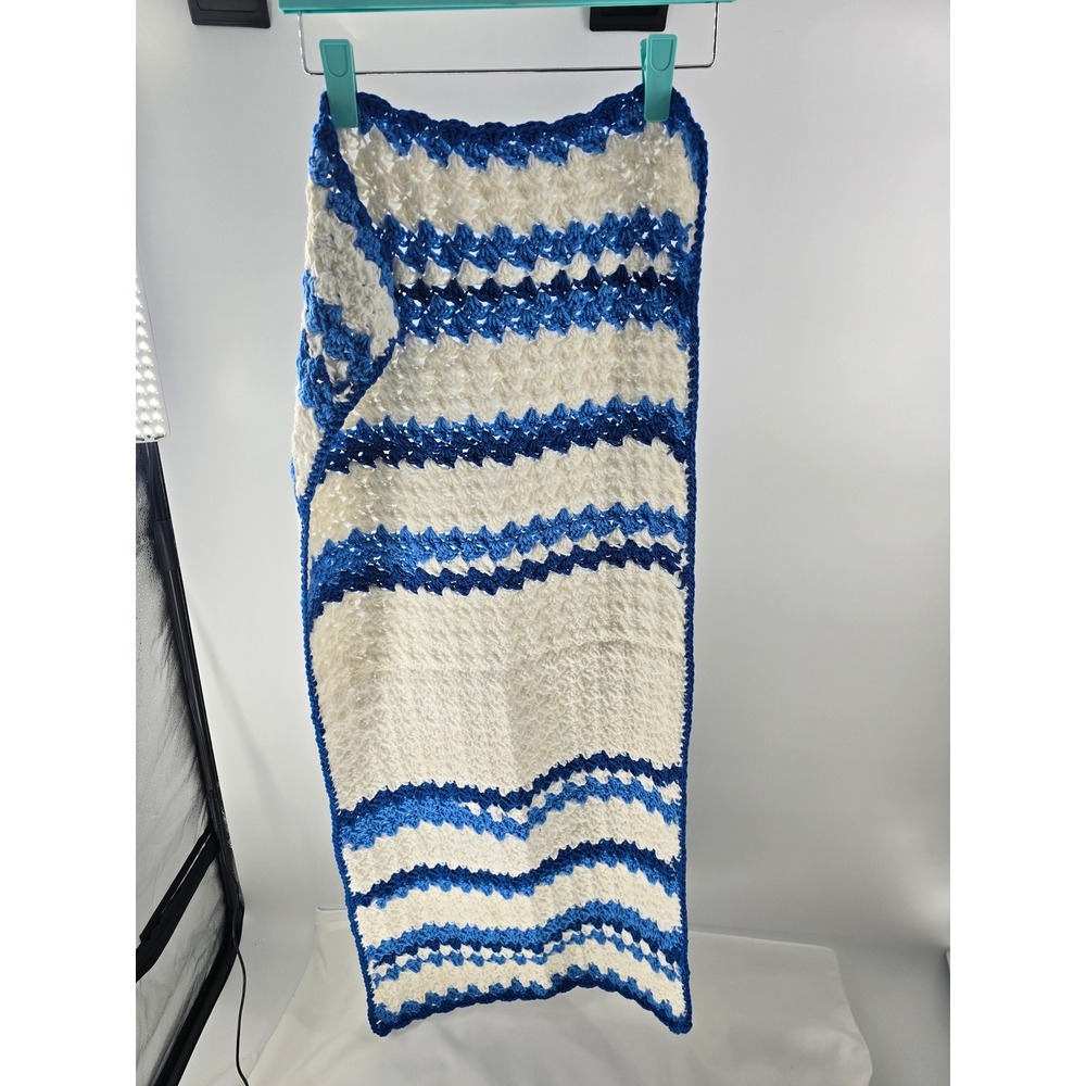 Handmade‎ Crochet Baby Blanket Blue White Striped Shell Stitch Throw 40x20